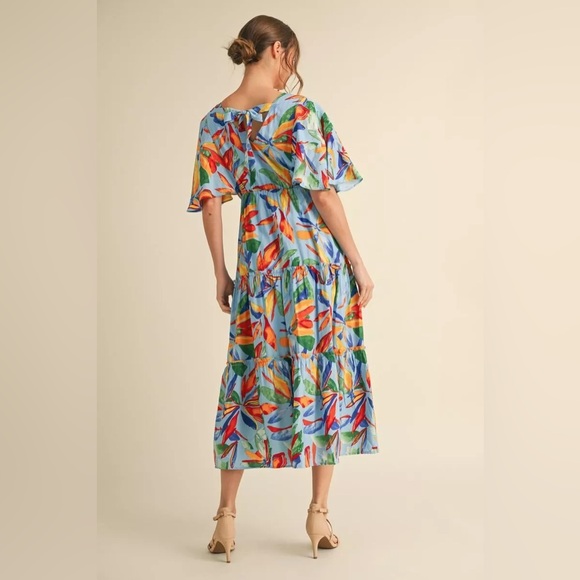 #43 V-Neck Blue Tropical Print Midi Dress - Picture 2 of 2